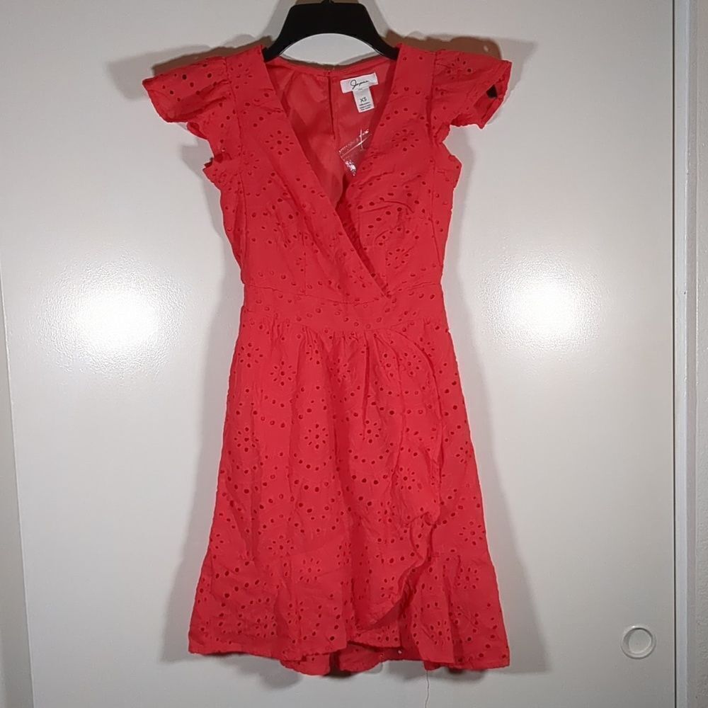 Japna Women Eyelet Lined Red Dress Size XS Cotton Ruffle Short Sleeve New